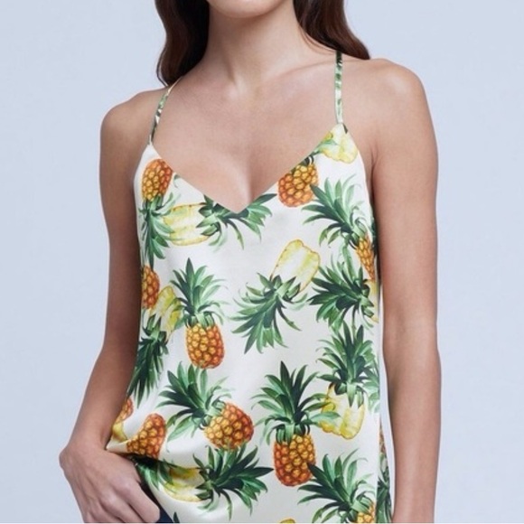 L'AGENCE Silk Pineapple Print Racerback Tank Bodysuit | L - Picture 1 of 7